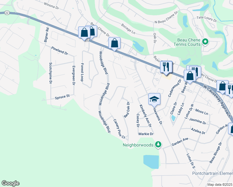 map of restaurants, bars, coffee shops, grocery stores, and more near 413 Water Oak Lane in Mandeville