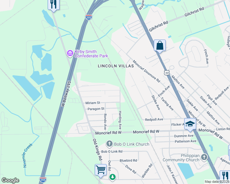 map of restaurants, bars, coffee shops, grocery stores, and more near 6426 Beryl Street in Jacksonville