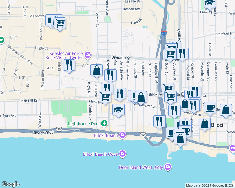 map of restaurants, bars, coffee shops, grocery stores, and more near 203 Benachi Avenue in Biloxi
