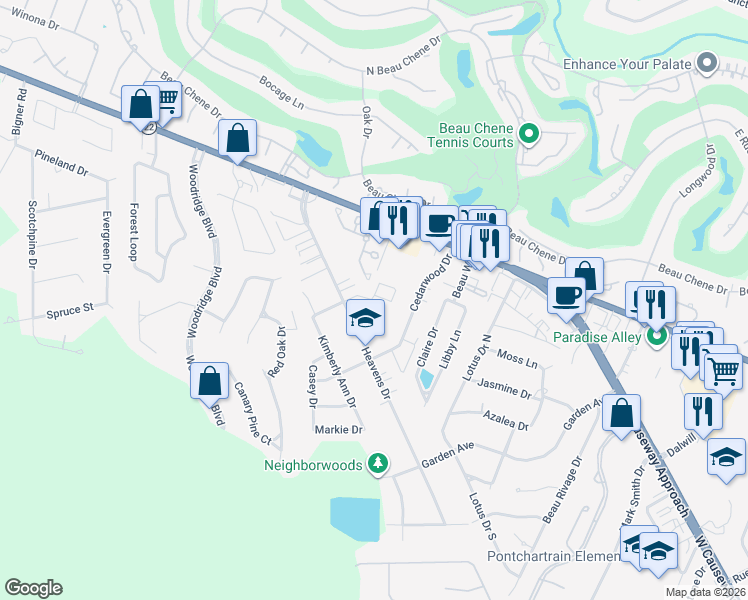 map of restaurants, bars, coffee shops, grocery stores, and more near 340a Libra Avenue in Mandeville