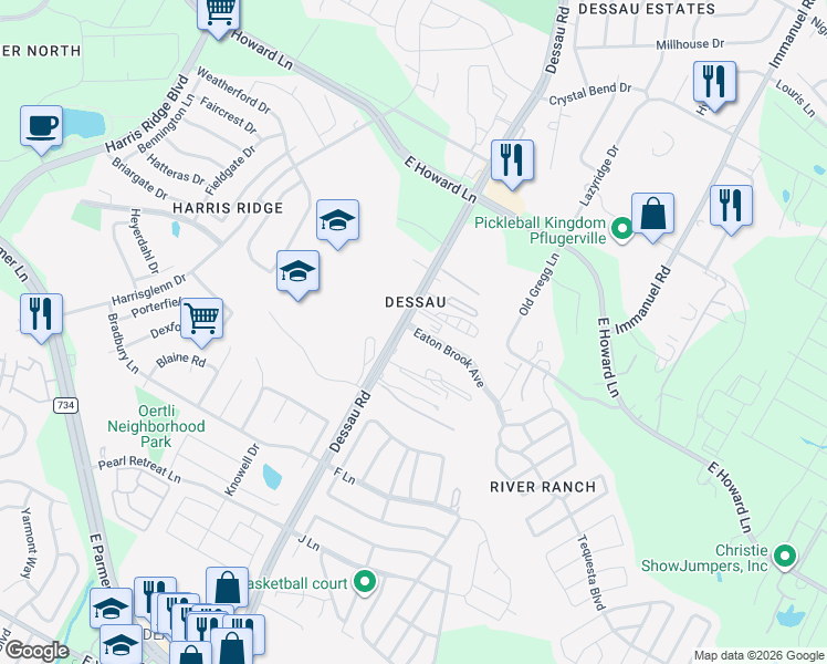 map of restaurants, bars, coffee shops, grocery stores, and more near 13015 Dessau Road in Austin