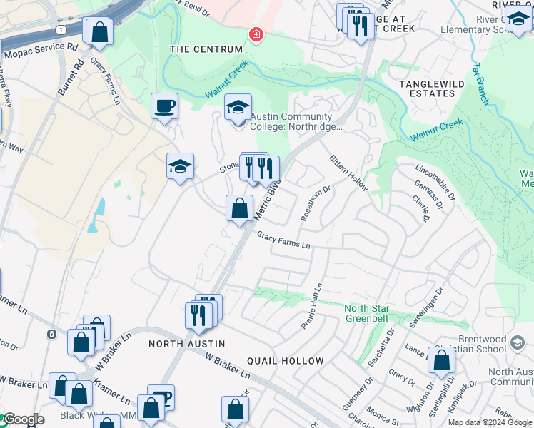 map of restaurants, bars, coffee shops, grocery stores, and more near 11901 Sunhillow Bend in Austin