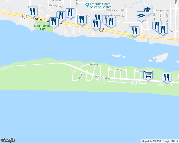 map of restaurants, bars, coffee shops, grocery stores, and more near 839 Santa Rosa Court in Fort Walton Beach