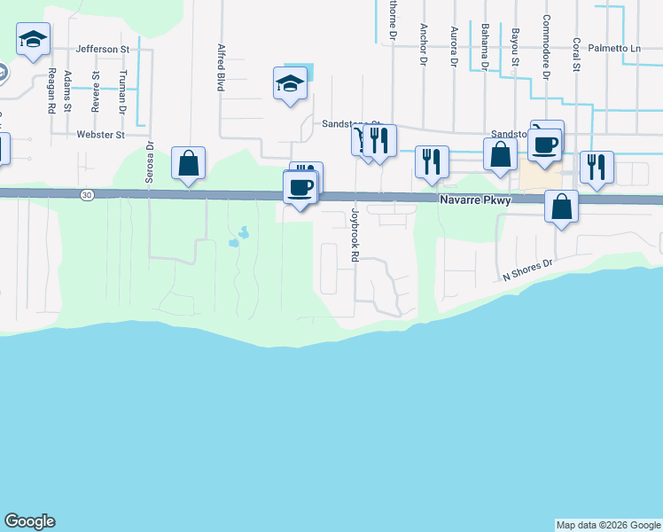 map of restaurants, bars, coffee shops, grocery stores, and more near 1701 Ivalea Circle in Navarre