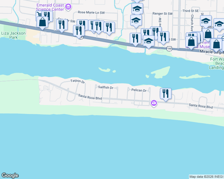 map of restaurants, bars, coffee shops, grocery stores, and more near 761 Sailfish Drive in Fort Walton Beach