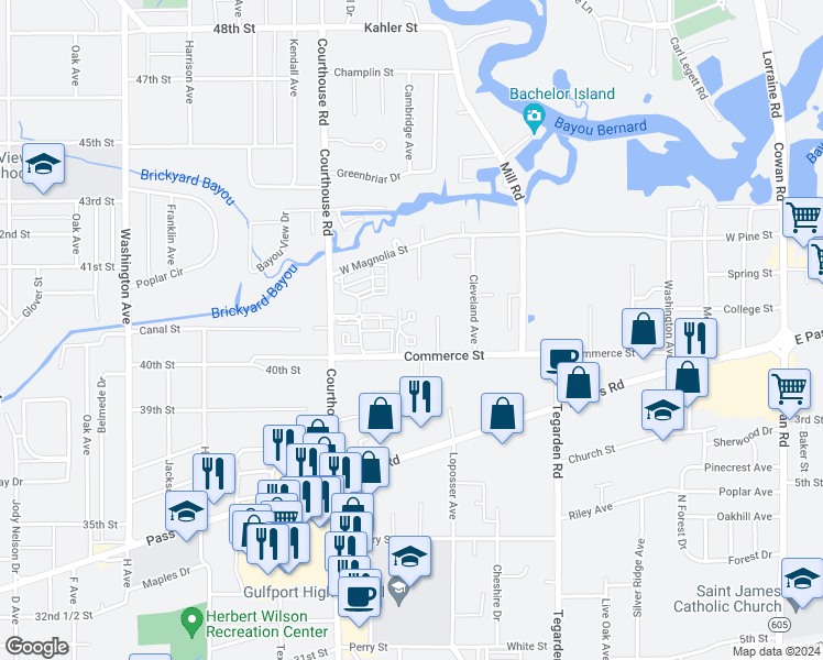 map of restaurants, bars, coffee shops, grocery stores, and more near 928 Courthouse Road in Gulfport