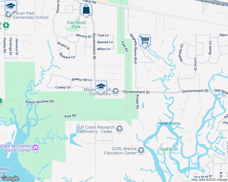 map of restaurants, bars, coffee shops, grocery stores, and more near 3600 Government Street in Ocean Springs