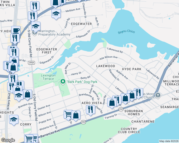 map of restaurants, bars, coffee shops, grocery stores, and more near 407 Rue Max Street in Pensacola