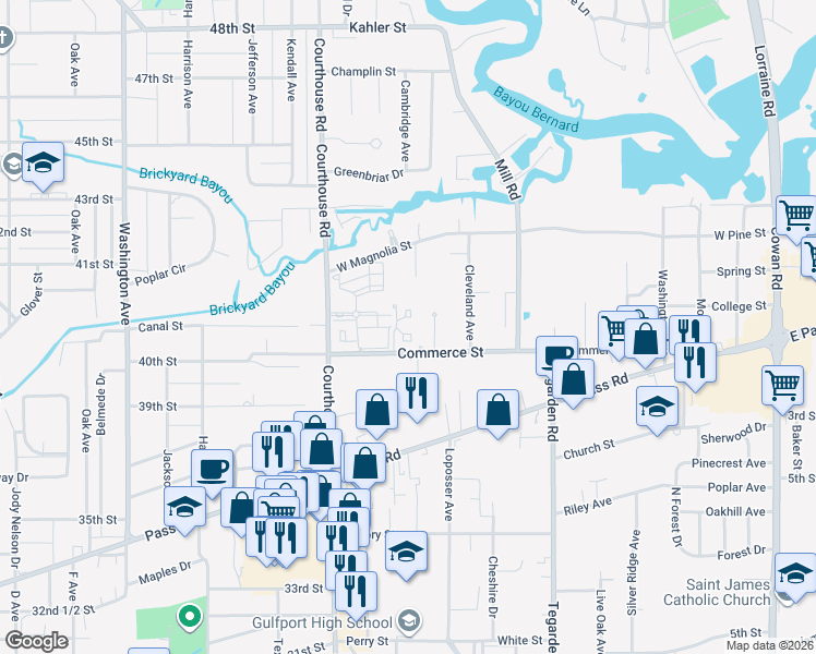 map of restaurants, bars, coffee shops, grocery stores, and more near 928 Courthouse Road in Gulfport