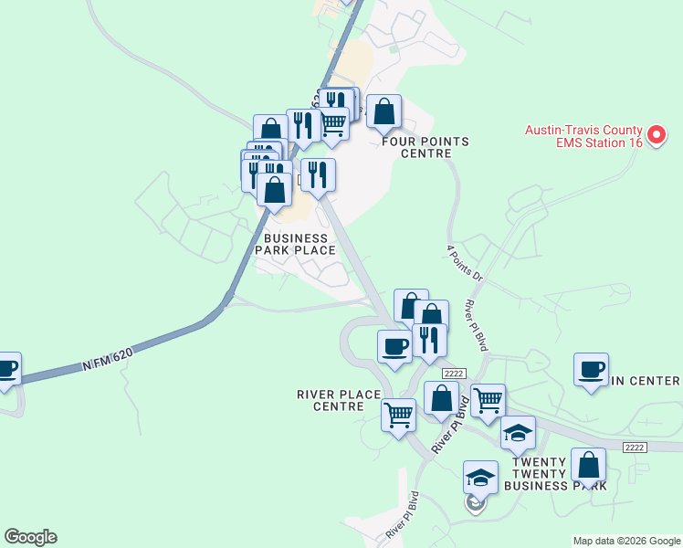 map of restaurants, bars, coffee shops, grocery stores, and more near 11111 Ranch to Market 2222 in Austin