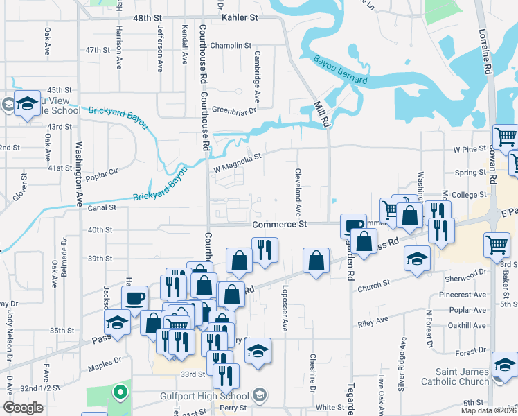 map of restaurants, bars, coffee shops, grocery stores, and more near 928 Courthouse Road in Gulfport