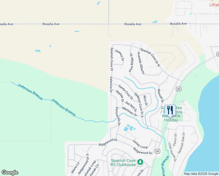 map of restaurants, bars, coffee shops, grocery stores, and more near 1544 Valencia Dr in Lillian