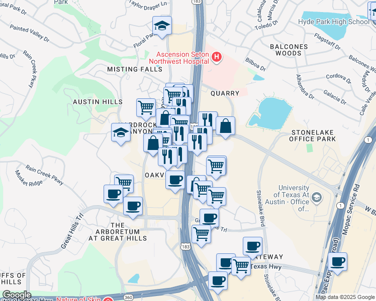 map of restaurants, bars, coffee shops, grocery stores, and more near U.S. 183 in Austin