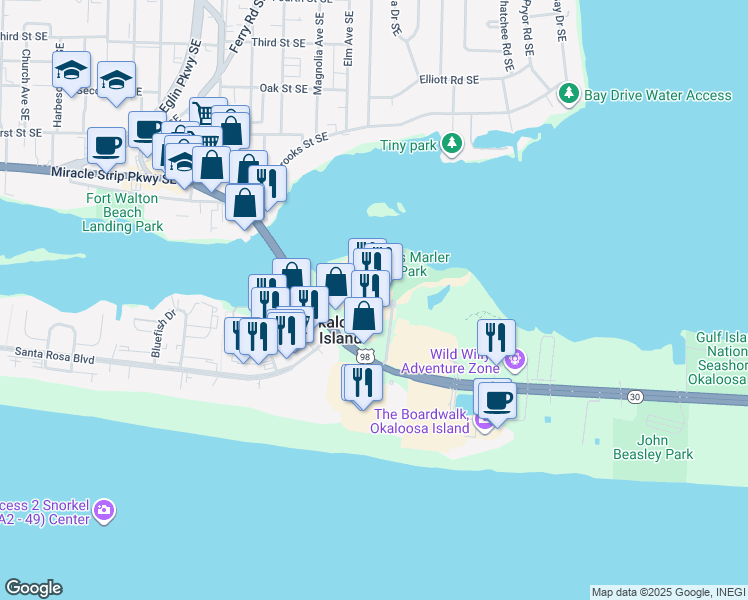 map of restaurants, bars, coffee shops, grocery stores, and more near 1214 Siebert Drive in Fort Walton Beach