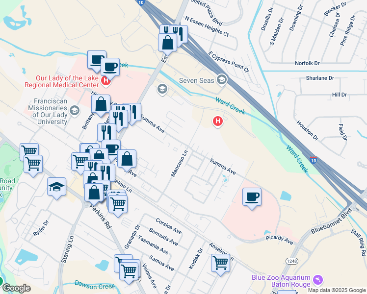 map of restaurants, bars, coffee shops, grocery stores, and more near 8212 Summa Avenue in Baton Rouge