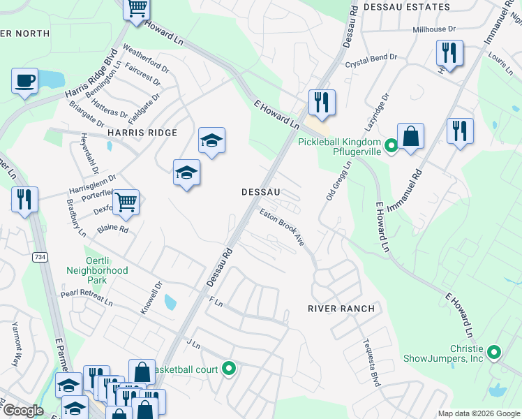 map of restaurants, bars, coffee shops, grocery stores, and more near 13015 Dessau Road in Austin