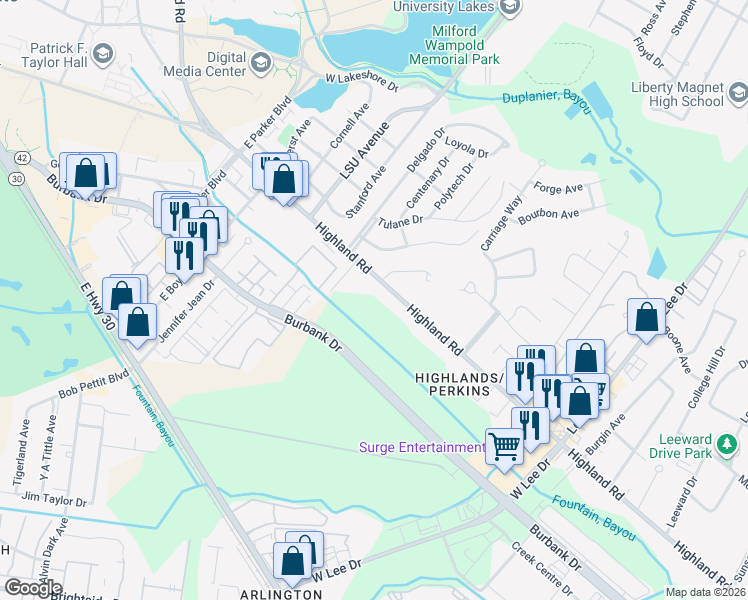map of restaurants, bars, coffee shops, grocery stores, and more near 4810 Highland Road in Baton Rouge
