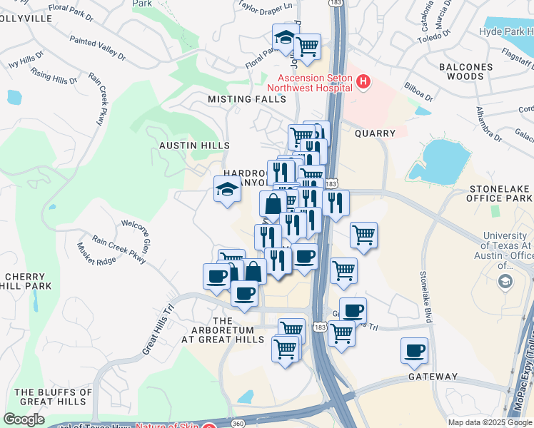 map of restaurants, bars, coffee shops, grocery stores, and more near 10553 Jollyville Road in Austin