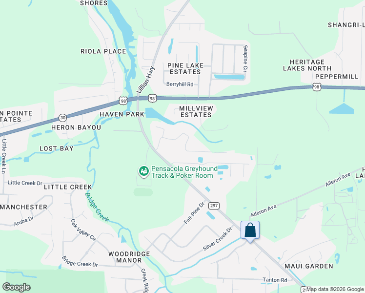 map of restaurants, bars, coffee shops, grocery stores, and more near 10725 Trailblazer Way in Pensacola