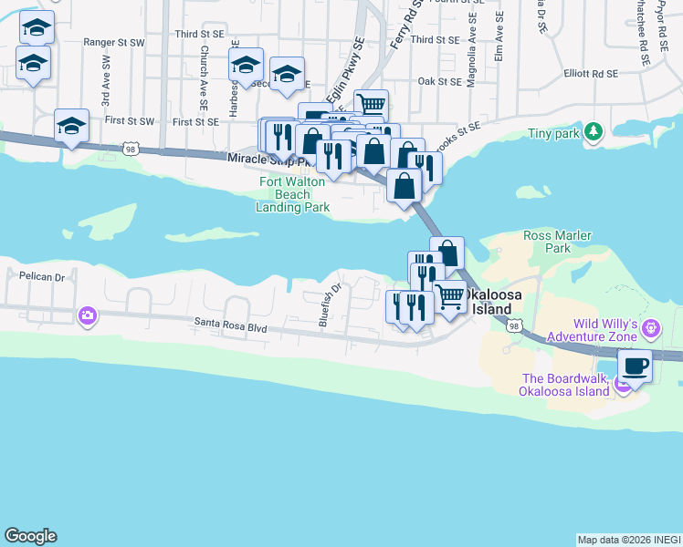 map of restaurants, bars, coffee shops, grocery stores, and more near 335 Bluefish Drive in Fort Walton Beach