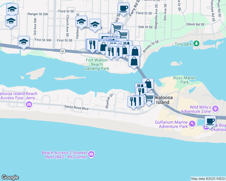 map of restaurants, bars, coffee shops, grocery stores, and more near 333 Bluefish Drive in Fort Walton Beach