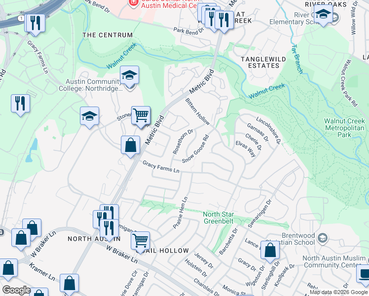 map of restaurants, bars, coffee shops, grocery stores, and more near 11917 Rosethorn Drive in Austin