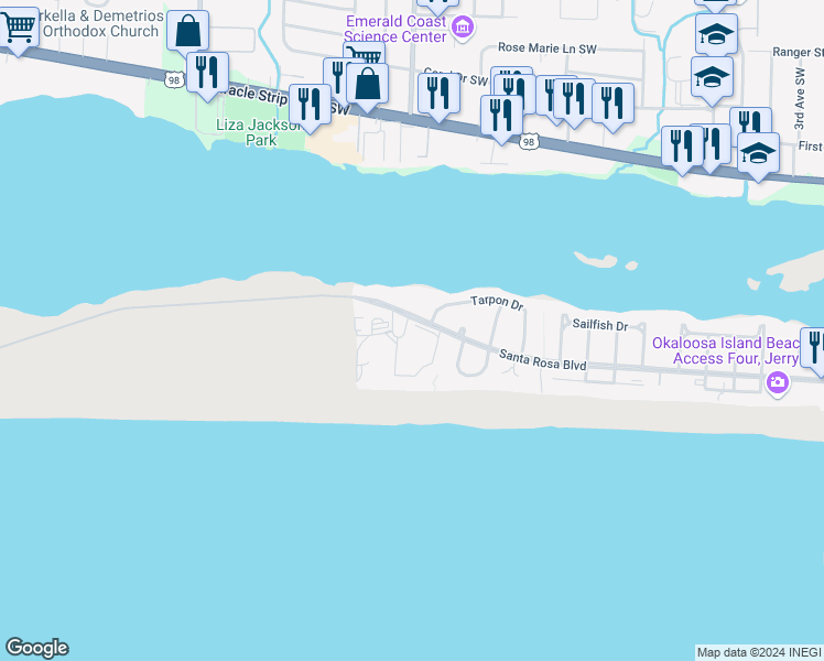 map of restaurants, bars, coffee shops, grocery stores, and more near 22 Park Drive in Okaloosa Island