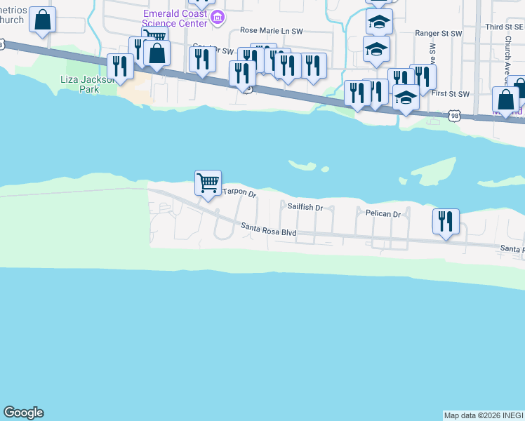 map of restaurants, bars, coffee shops, grocery stores, and more near 803 Tarpon Drive in Fort Walton Beach