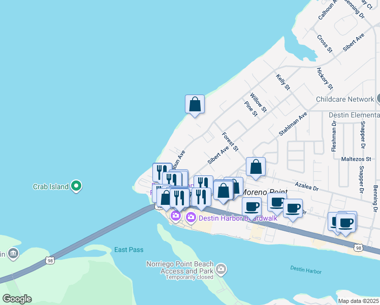 map of restaurants, bars, coffee shops, grocery stores, and more near 124 Calhoun Avenue in Destin