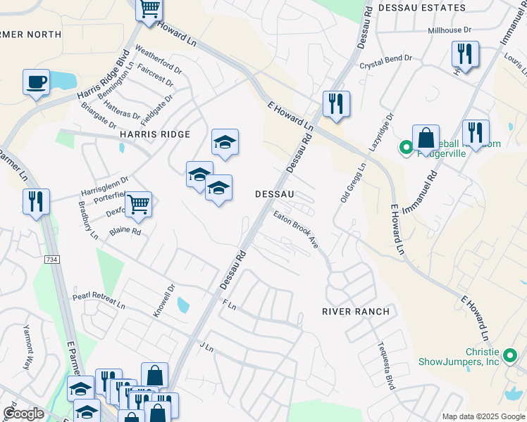 map of restaurants, bars, coffee shops, grocery stores, and more near 13015 Dessau Road in Austin