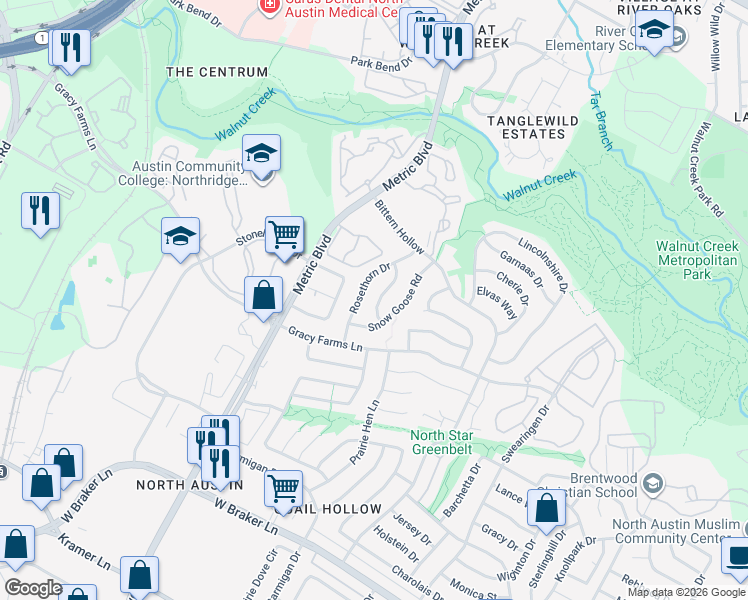 map of restaurants, bars, coffee shops, grocery stores, and more near 11917 Rosethorn Drive in Austin
