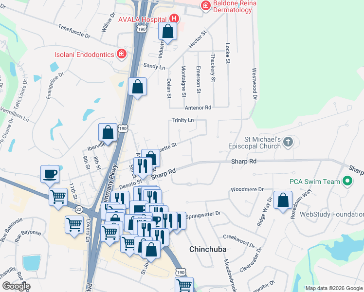 map of restaurants, bars, coffee shops, grocery stores, and more near 1 Bordelon Court in Mandeville