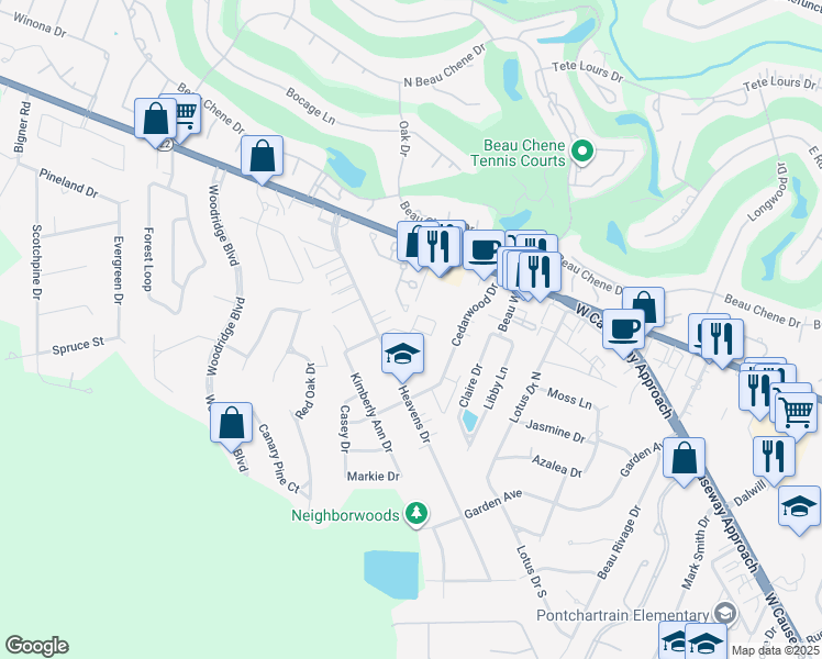map of restaurants, bars, coffee shops, grocery stores, and more near 340a Libra Avenue in Mandeville