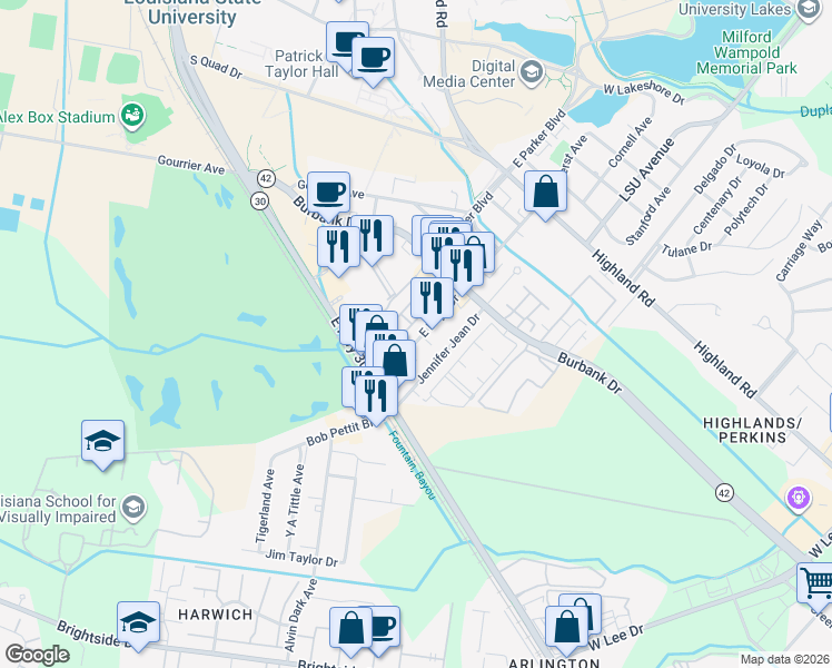 map of restaurants, bars, coffee shops, grocery stores, and more near 710 East Boyd Drive in Baton Rouge