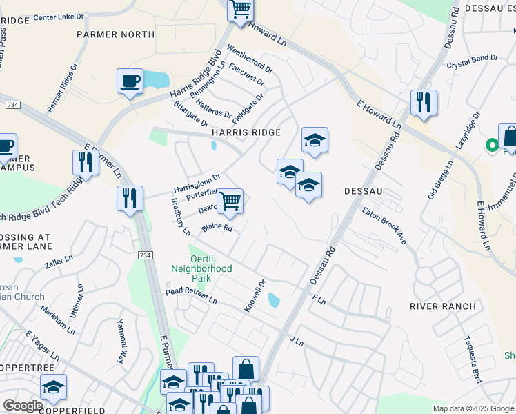 map of restaurants, bars, coffee shops, grocery stores, and more near 1427 Dexford Drive in Austin