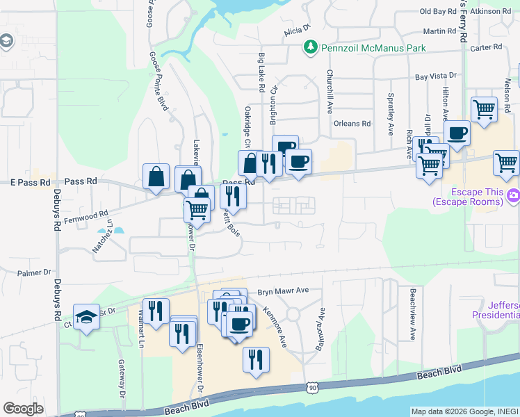 map of restaurants, bars, coffee shops, grocery stores, and more near 2 Lejuene Drive in Biloxi