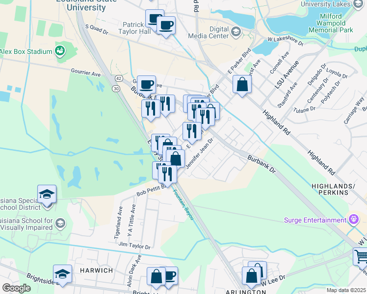 map of restaurants, bars, coffee shops, grocery stores, and more near 710 East Boyd Drive in Baton Rouge