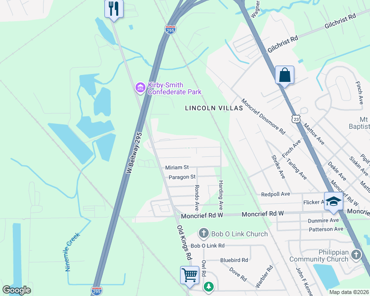 map of restaurants, bars, coffee shops, grocery stores, and more near Beryl Street in Jacksonville
