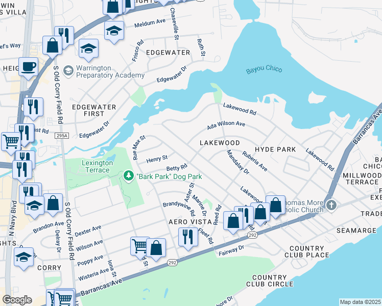 map of restaurants, bars, coffee shops, grocery stores, and more near 307 Lakewood Road in Pensacola