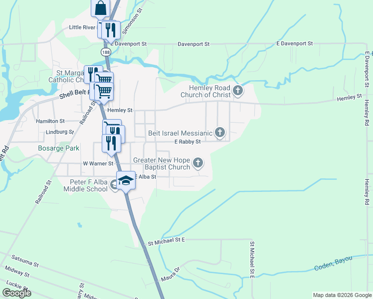 map of restaurants, bars, coffee shops, grocery stores, and more near 8451 East Rabby Street in Bayou La Batre