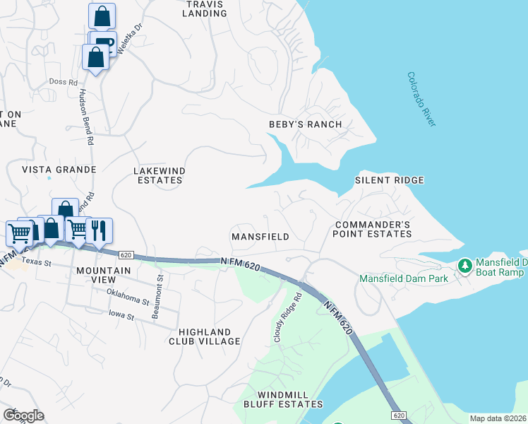 map of restaurants, bars, coffee shops, grocery stores, and more near 14614 Mansfield Dam Court in Austin