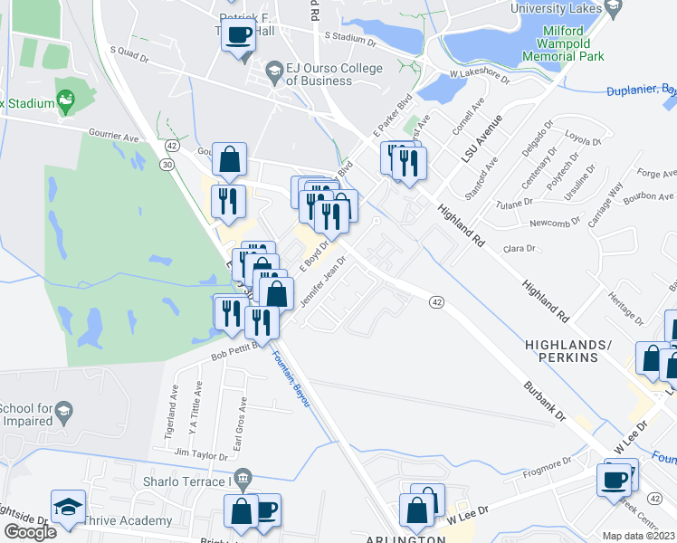 map of restaurants, bars, coffee shops, grocery stores, and more near 627 Jennifer Jean Drive in Baton Rouge