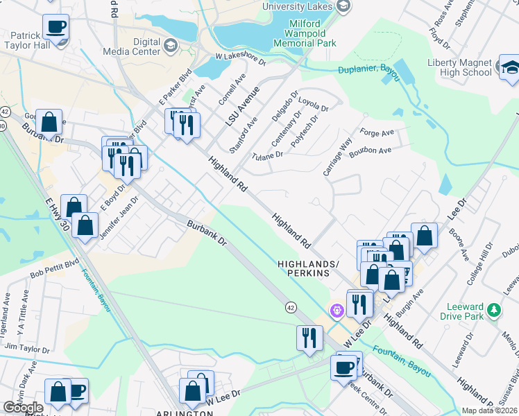 map of restaurants, bars, coffee shops, grocery stores, and more near 4852 Highland Road in Baton Rouge