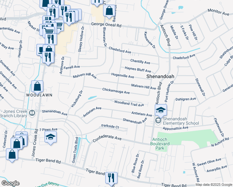 map of restaurants, bars, coffee shops, grocery stores, and more near 15953 Woodland Trail in Baton Rouge