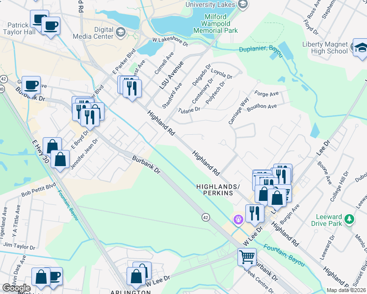 map of restaurants, bars, coffee shops, grocery stores, and more near 4852 Highland Road in Baton Rouge