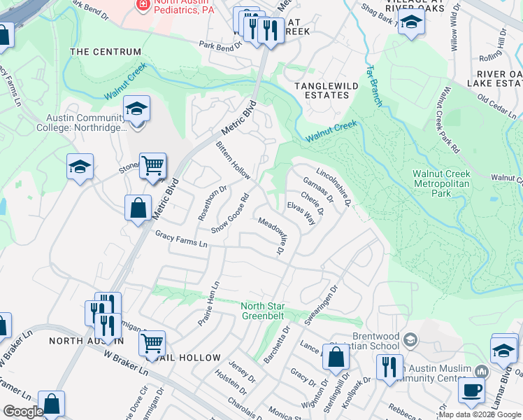 map of restaurants, bars, coffee shops, grocery stores, and more near 11904 Rickem Cove in Austin