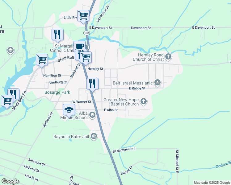 map of restaurants, bars, coffee shops, grocery stores, and more near 2-12 Kelly Street in Bayou La Batre