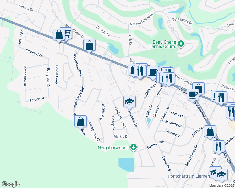 map of restaurants, bars, coffee shops, grocery stores, and more near 700 Heavens Drive in Mandeville