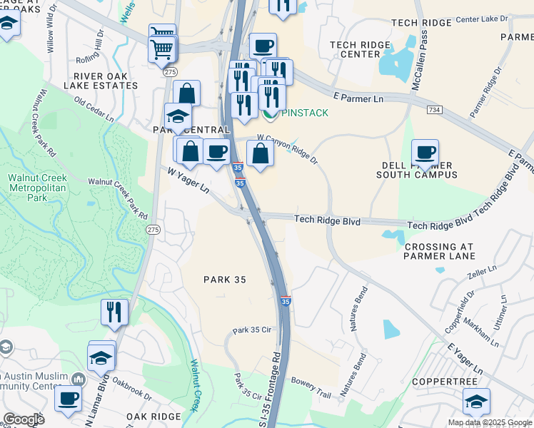map of restaurants, bars, coffee shops, grocery stores, and more near 901 East Yager Lane in Austin