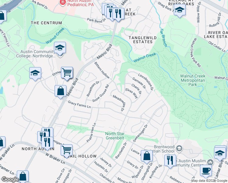 map of restaurants, bars, coffee shops, grocery stores, and more near 11901 Rickem Cove in Austin